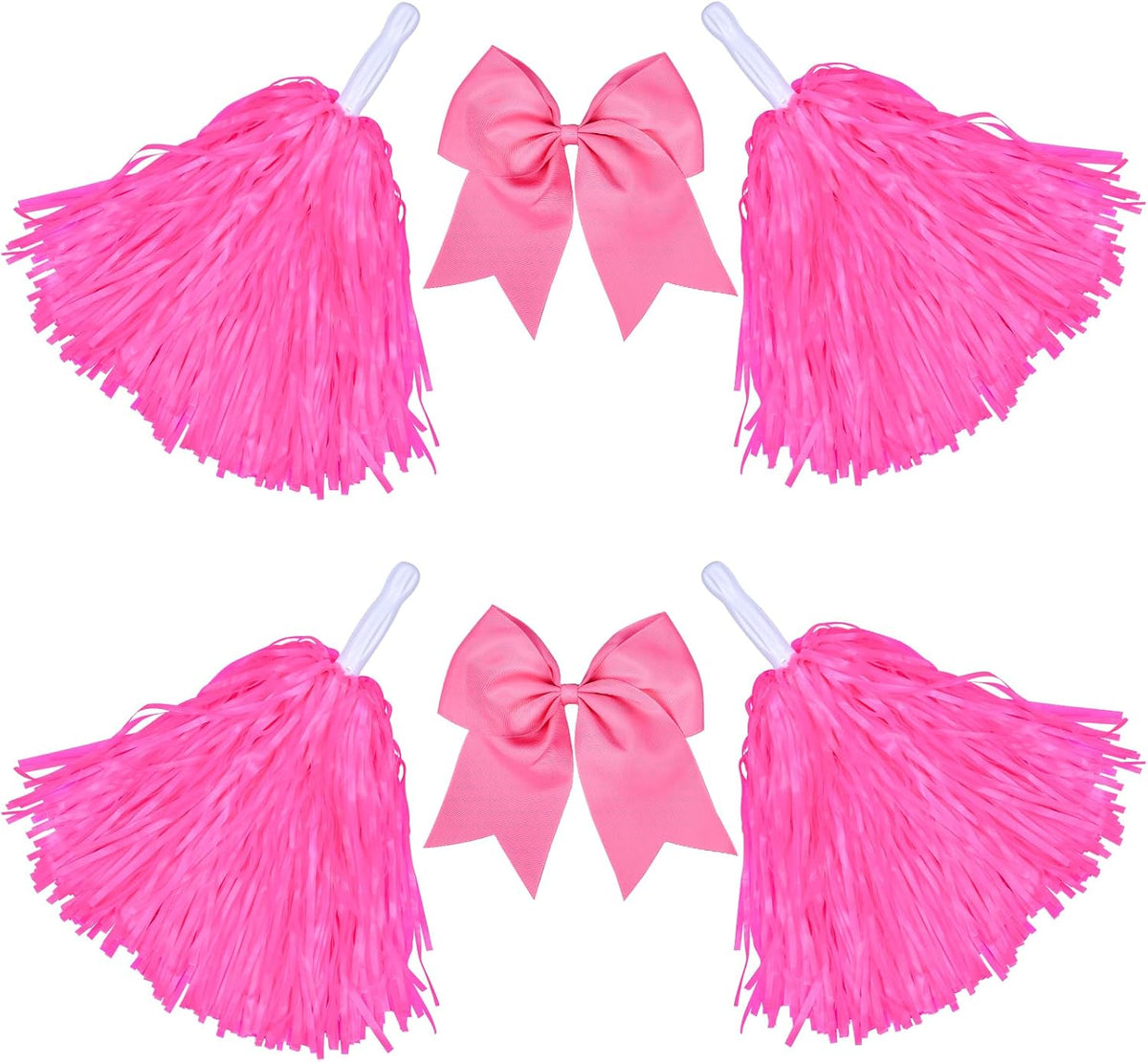 Cheerleading Pom Poms with Hair Bows 6 Piece Set, 4 Pieces Cheer Pom Poms and 2 Large 8 Inch Bows, Spirit Accessories for Girls Dance Party Costume Sports