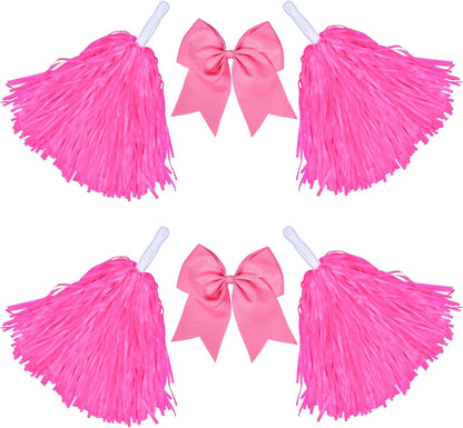Cheerleading Pom Poms with Hair Bows 6 Piece Set, 4 Pieces Cheer Pom Poms and 2 Large 8 Inch Bows, Spirit Accessories for Girls Dance Party Costume Sports