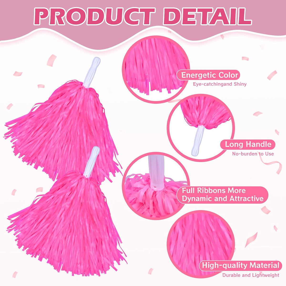 Cheerleading Pom Poms with Hair Bows 6 Piece Set, 4 Pieces Cheer Pom Poms and 2 Large 8 Inch Bows, Spirit Accessories for Girls Dance Party Costume Sports