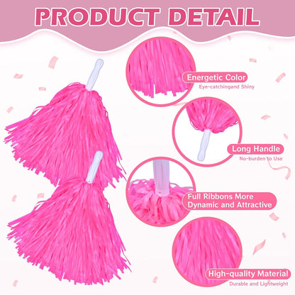 Cheerleading Pom Poms with Hair Bows 6 Piece Set, 4 Pieces Cheer Pom Poms and 2 Large 8 Inch Bows, Spirit Accessories for Girls Dance Party Costume Sports