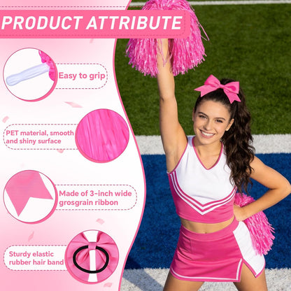 Cheerleading Pom Poms with Hair Bows 6 Piece Set, 4 Pieces Cheer Pom Poms and 2 Large 8 Inch Bows, Spirit Accessories for Girls Dance Party Costume Sports