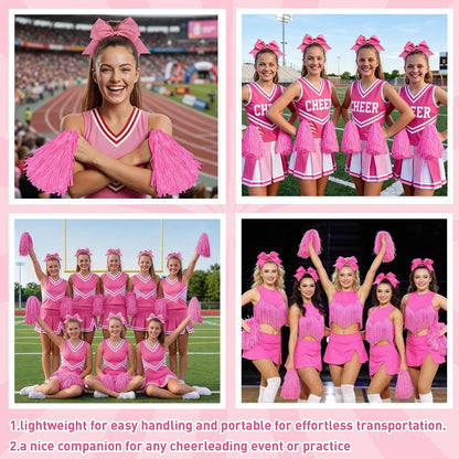 Cheerleading Pom Poms with Hair Bows 6 Piece Set, 4 Pieces Cheer Pom Poms and 2 Large 8 Inch Bows, Spirit Accessories for Girls Dance Party Costume Sports