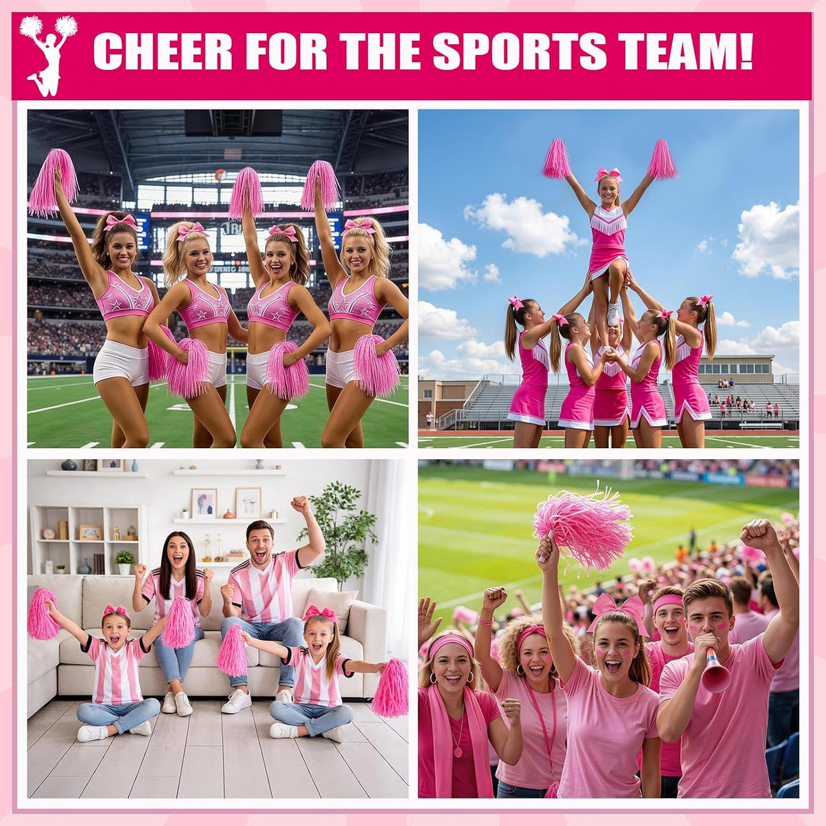 Cheerleading Pom Poms with Hair Bows 6 Piece Set, 4 Pieces Cheer Pom Poms and 2 Large 8 Inch Bows, Spirit Accessories for Girls Dance Party Costume Sports