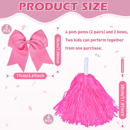 Cheerleading Pom Poms with Hair Bows 6 Piece Set, 4 Pieces Cheer Pom Poms and 2 Large 8 Inch Bows, Spirit Accessories for Girls Dance Party Costume Sports