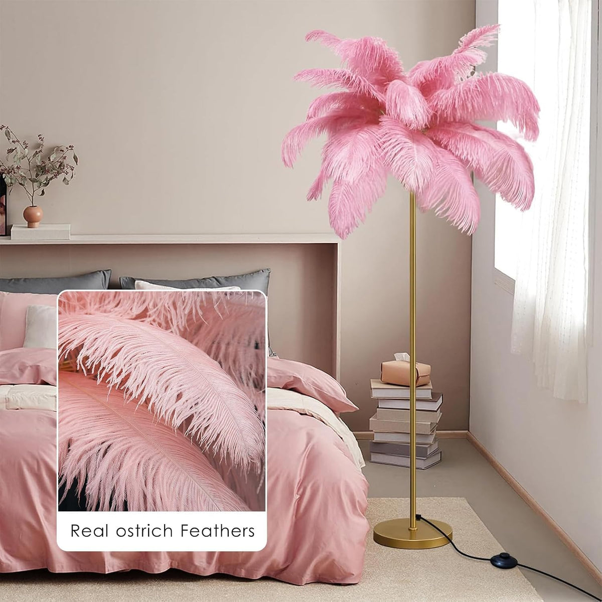 Ostrich Feather Floor Lamp, LED Light with 3 Colours, 160 cm Tall, Decorative Standing Light for Living Room,Light Pink,Large