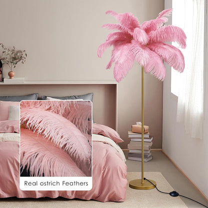 Ostrich Feather Floor Lamp, LED Light with 3 Colours, 160 cm Tall, Decorative Standing Light for Living Room,Light Pink,Large