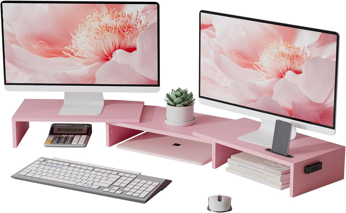 Dual Monitor Stand Riser, Adjustable Length & Swivel Angle, Pink