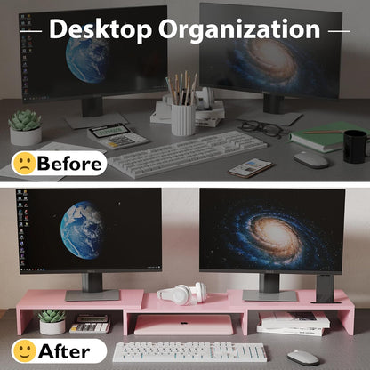 Dual Monitor Stand Riser, Adjustable Length & Swivel Angle, Pink