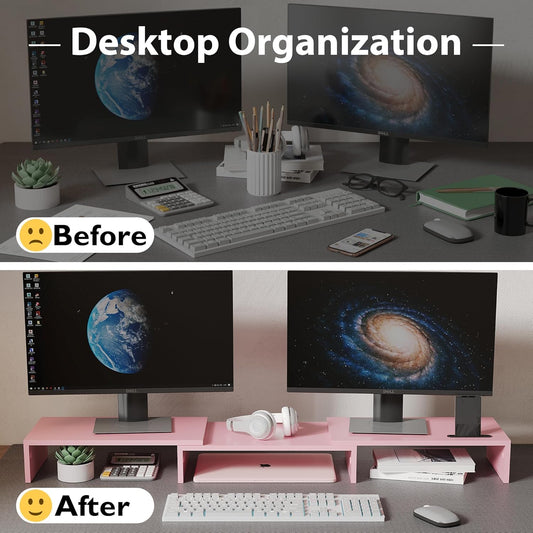 Dual Monitor Stand Riser, Adjustable Length & Swivel Angle, Pink