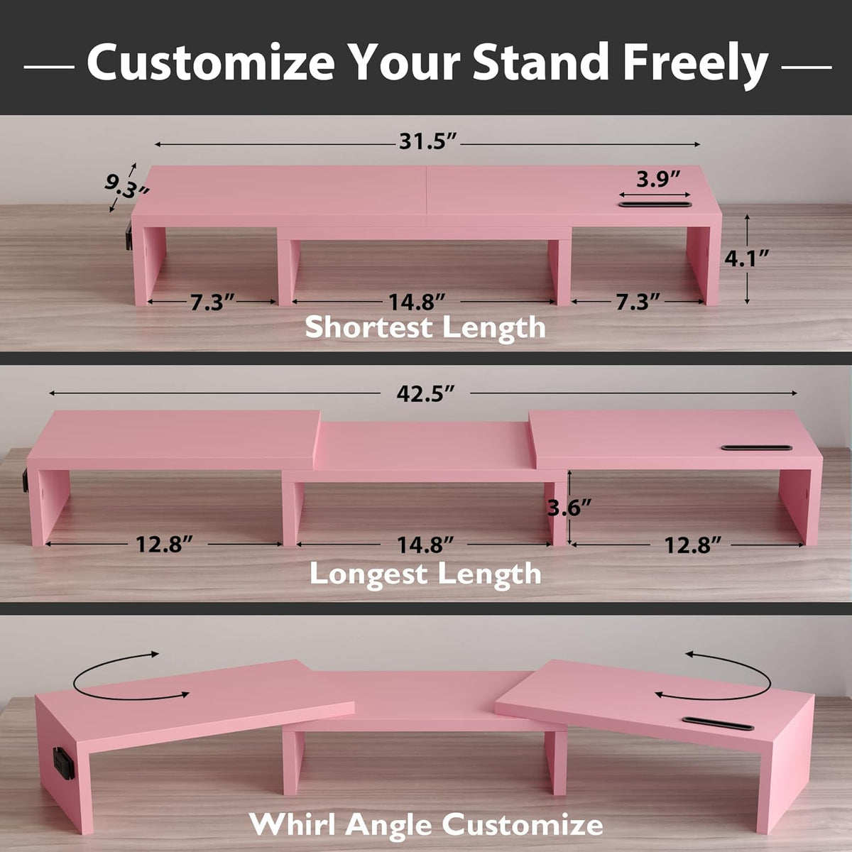 Dual Monitor Stand Riser, Adjustable Length & Swivel Angle, Pink