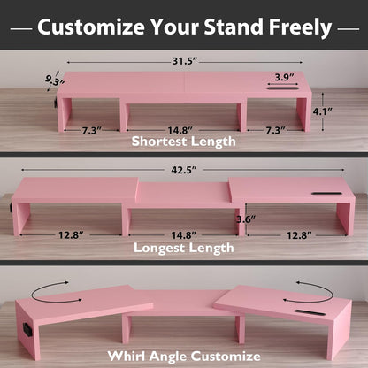 Dual Monitor Stand Riser, Adjustable Length & Swivel Angle, Pink