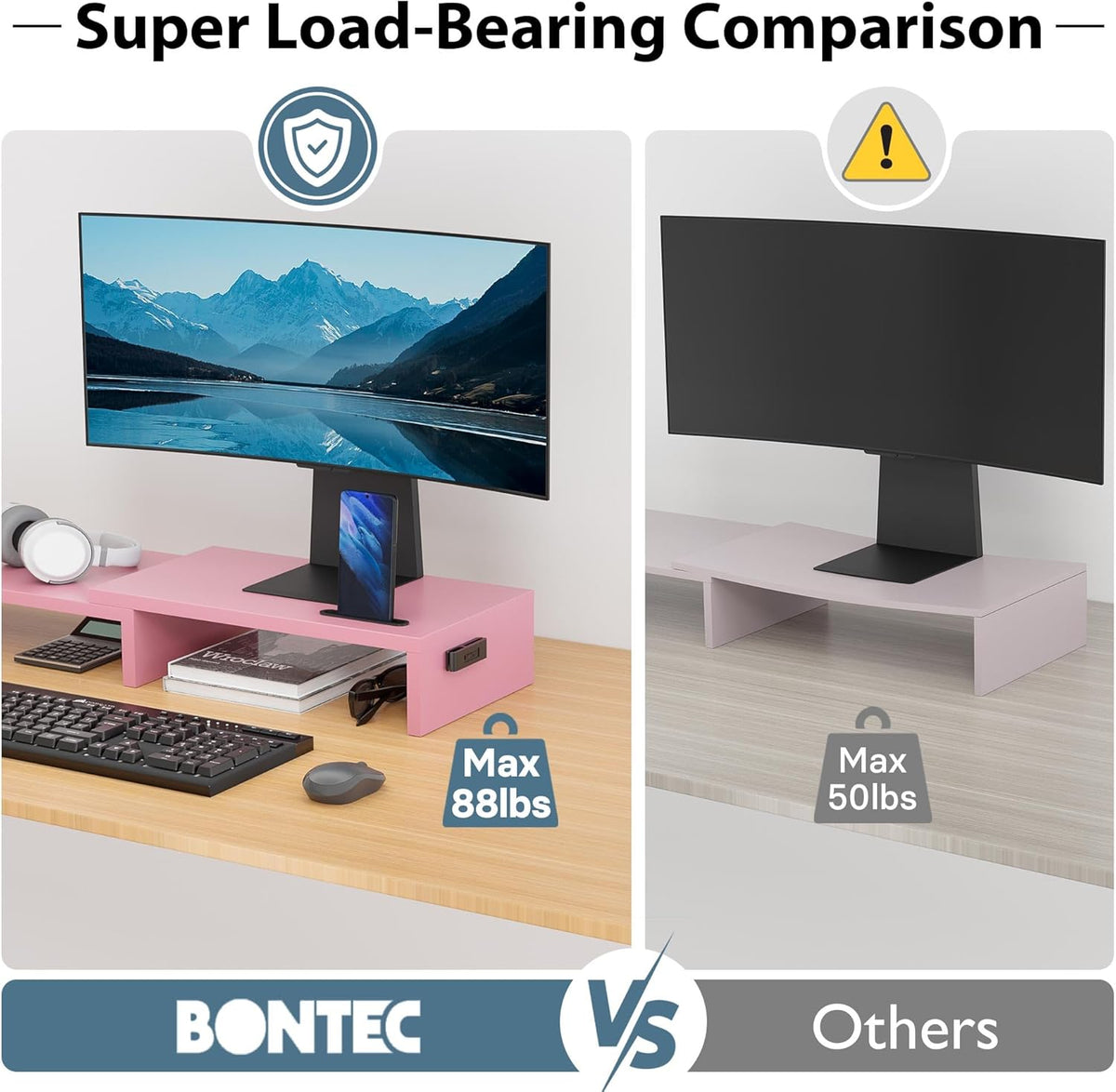 Dual Monitor Stand Riser, Adjustable Length & Swivel Angle, Pink