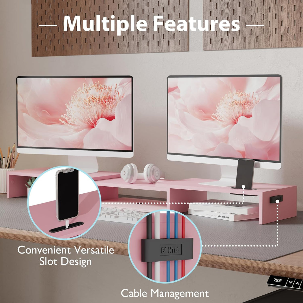 Dual Monitor Stand Riser, Adjustable Length & Swivel Angle, Pink