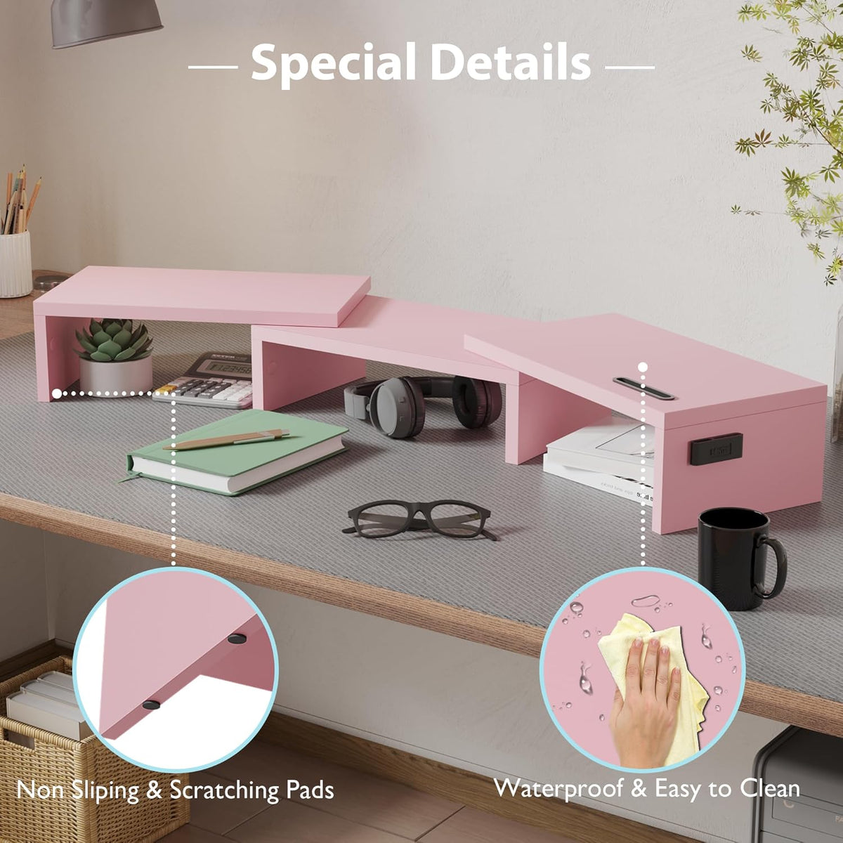 Dual Monitor Stand Riser, Adjustable Length & Swivel Angle, Pink