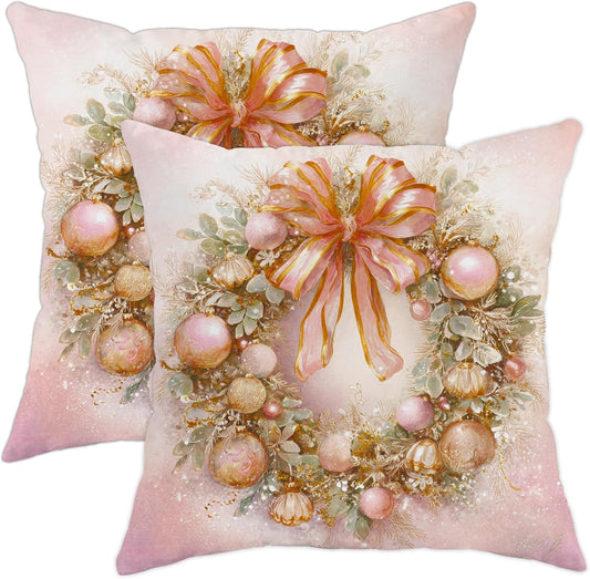 Wreath Throw Pillow Covers Set of 2, Christmas Festive Bow Ornaments Xmas Peach with Hidden Zipper Cover Decorative Pillows for Living Room Bed Office Sofa Chair Decor 20x20 Inch
