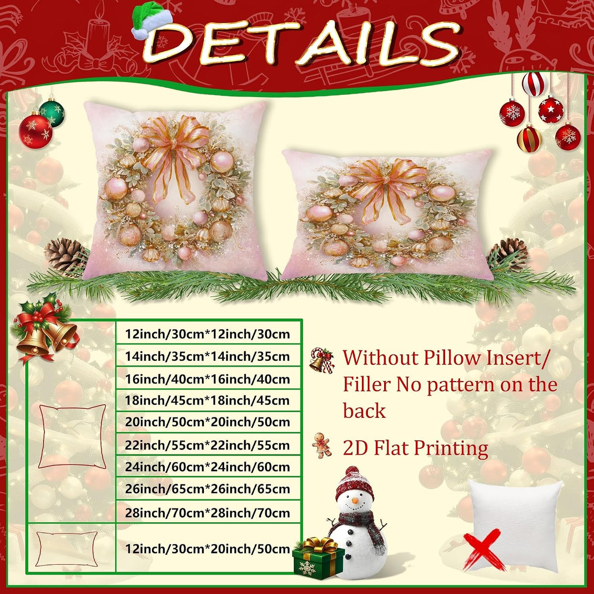 Wreath Throw Pillow Covers Set of 2, Christmas Festive Bow Ornaments Xmas Peach with Hidden Zipper Cover Decorative Pillows for Living Room Bed Office Sofa Chair Decor 20x20 Inch