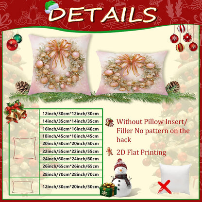 Wreath Throw Pillow Covers Set of 2, Christmas Festive Bow Ornaments Xmas Peach with Hidden Zipper Cover Decorative Pillows for Living Room Bed Office Sofa Chair Decor 20x20 Inch