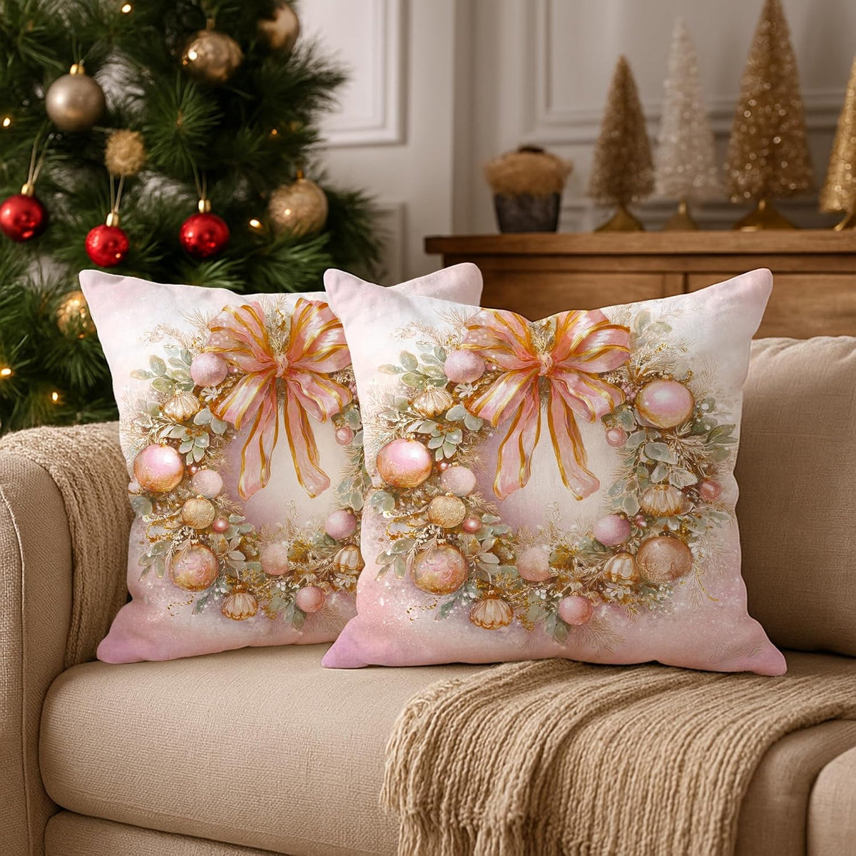 Wreath Throw Pillow Covers Set of 2, Christmas Festive Bow Ornaments Xmas Peach with Hidden Zipper Cover Decorative Pillows for Living Room Bed Office Sofa Chair Decor 20x20 Inch