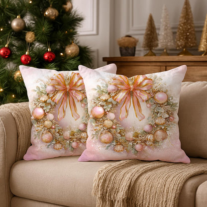 Wreath Throw Pillow Covers Set of 2, Christmas Festive Bow Ornaments Xmas Peach with Hidden Zipper Cover Decorative Pillows for Living Room Bed Office Sofa Chair Decor 20x20 Inch