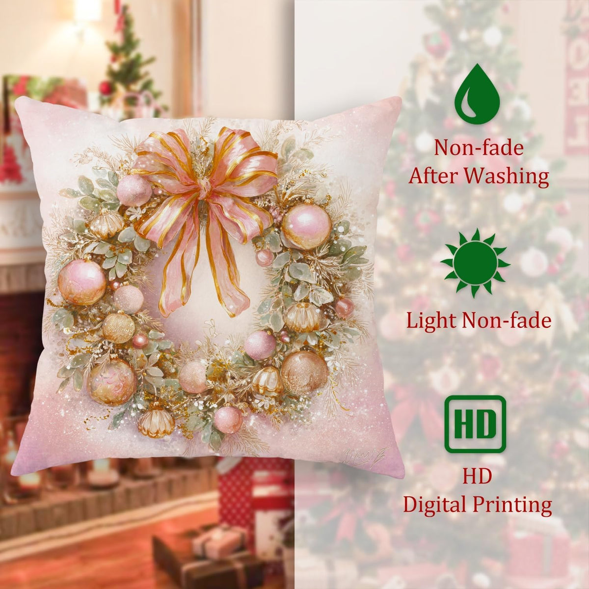 Wreath Throw Pillow Covers Set of 2, Christmas Festive Bow Ornaments Xmas Peach with Hidden Zipper Cover Decorative Pillows for Living Room Bed Office Sofa Chair Decor 20x20 Inch