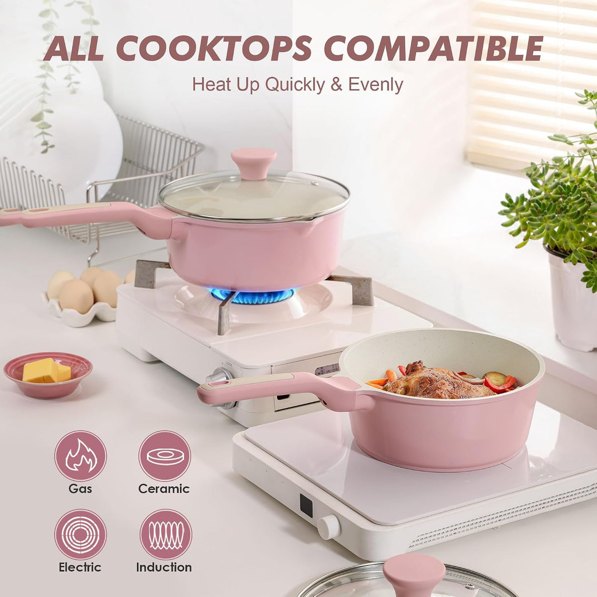 2QT Ceramic Nonstick Saucepan with Lid, PTFE/PFAS Free, Pink