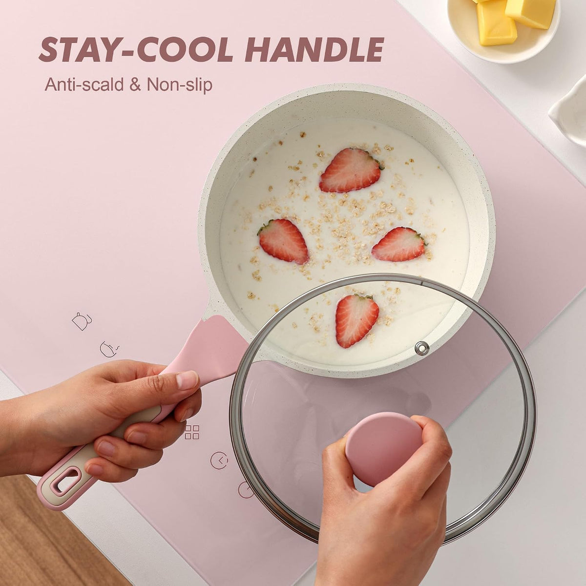 2QT Ceramic Nonstick Saucepan with Lid, PTFE/PFAS Free, Pink