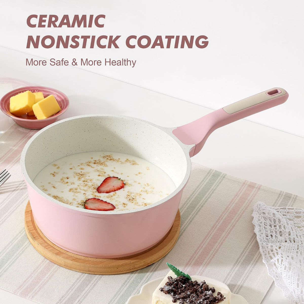 2QT Ceramic Nonstick Saucepan with Lid, PTFE/PFAS Free, Pink