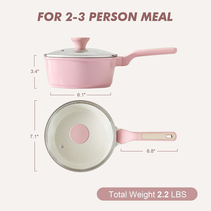 2QT Ceramic Nonstick Saucepan with Lid, PTFE/PFAS Free, Pink