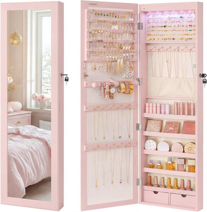 SONGMICS 6 LEDs Mirror Jewelry Cabinet, 47.2-Inch Tall, Lockable