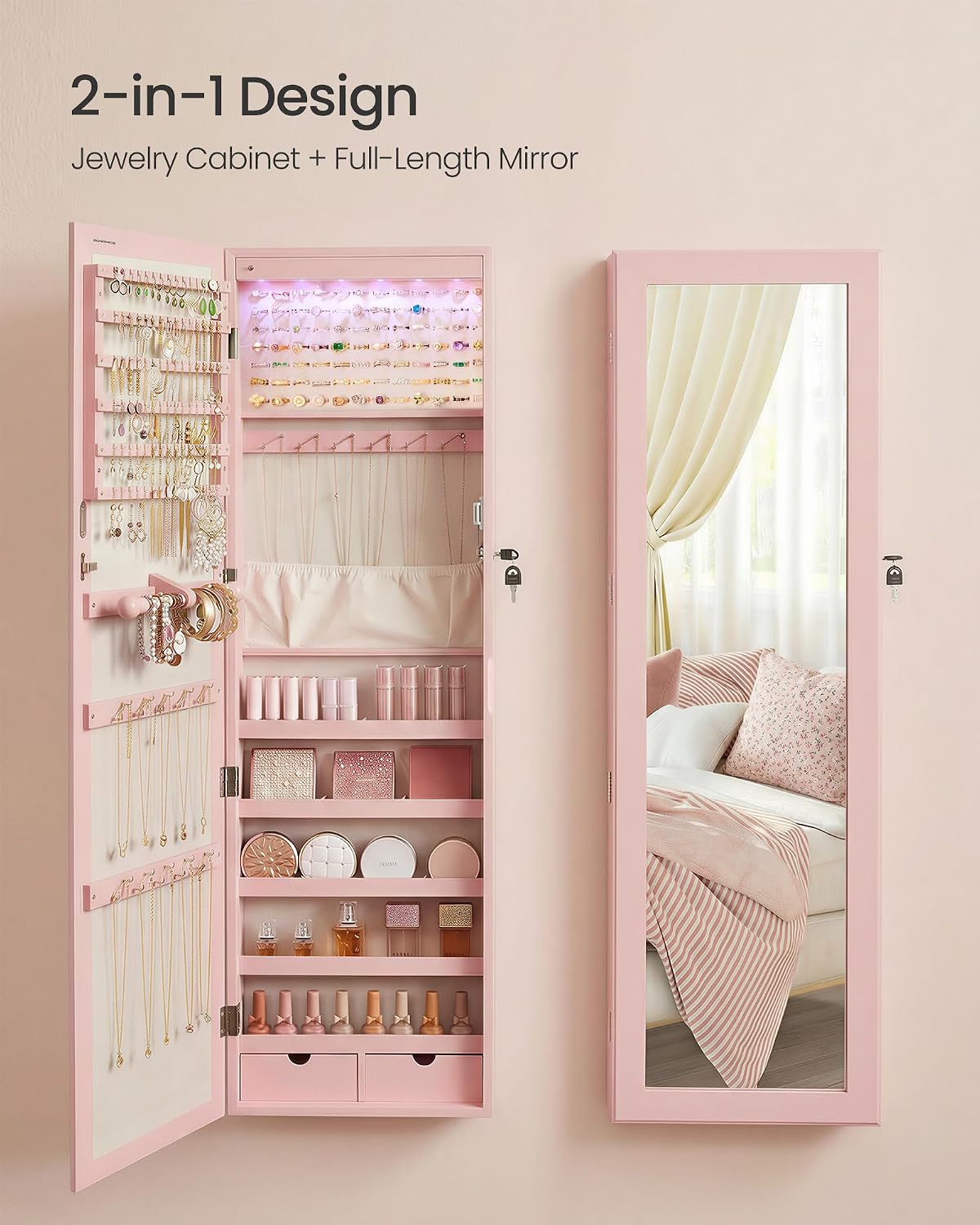 SONGMICS 6 LEDs Mirror Jewelry Cabinet, 47.2-Inch Tall, Lockable