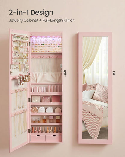SONGMICS 6 LEDs Mirror Jewelry Cabinet, 47.2-Inch Tall, Lockable