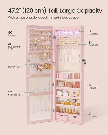 SONGMICS 6 LEDs Mirror Jewelry Cabinet, 47.2-Inch Tall, Lockable