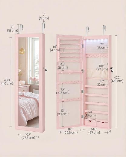 SONGMICS 6 LEDs Mirror Jewelry Cabinet, 47.2-Inch Tall, Lockable