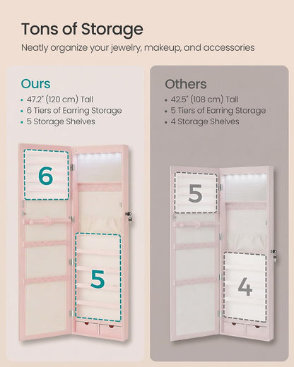 SONGMICS 6 LEDs Mirror Jewelry Cabinet, 47.2-Inch Tall, Lockable
