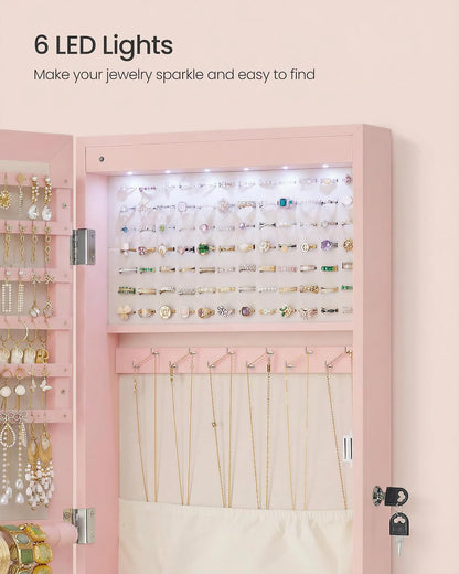 SONGMICS 6 LEDs Mirror Jewelry Cabinet, 47.2-Inch Tall, Lockable