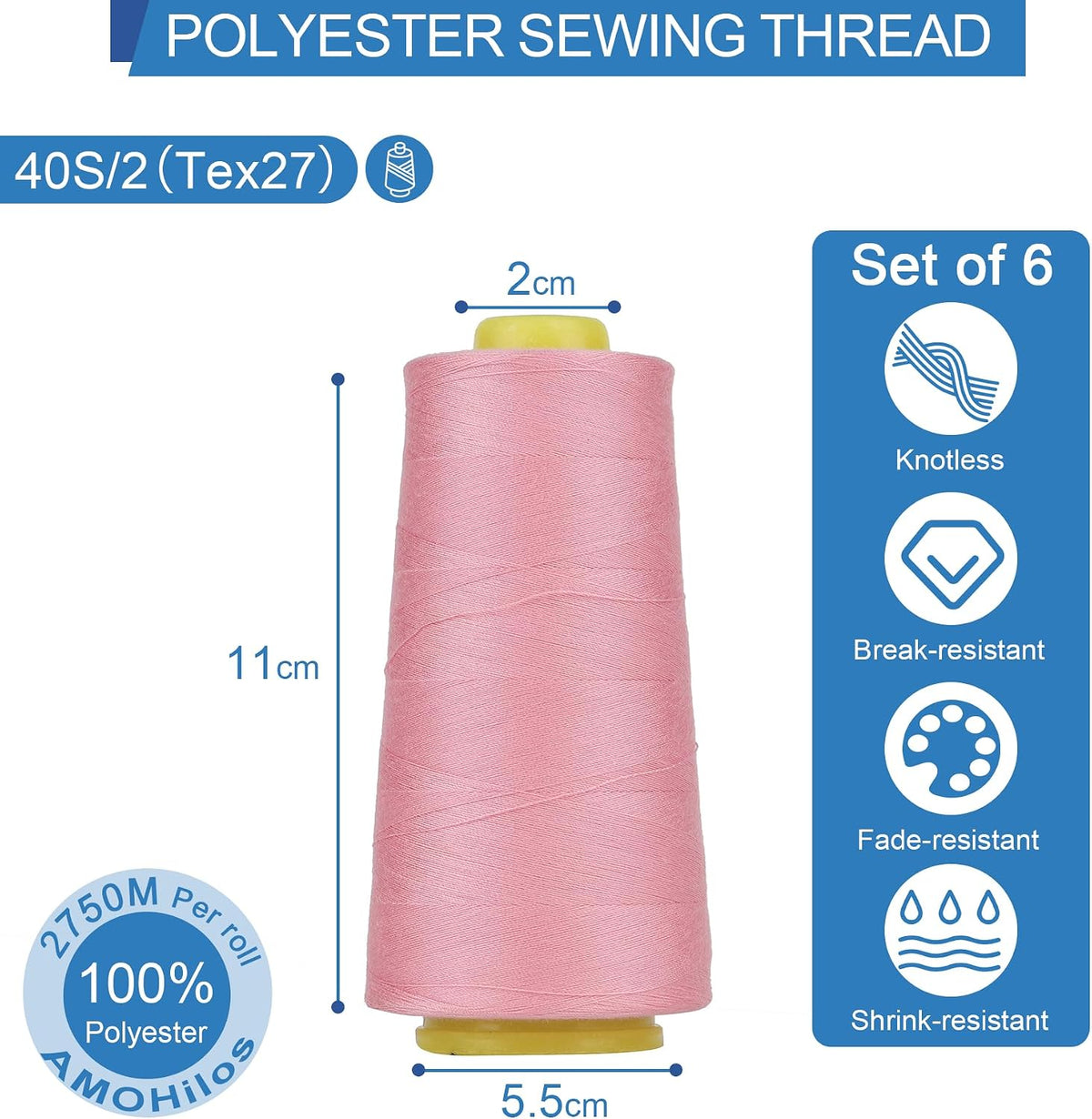 Polyester Sewing Thread All Purpose Knotless 40S/2 (Tex27) 6 Cones of 2750 Yards Each Spool Thread Total 16500 Yards for Serger Sewing Machine Quilting Hand Stitching (Dusty Pink)