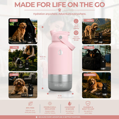 32 oz. Dog Water Bottle, Insulated Dog Travel Water Bottle, Stainless Steel Pet Water Bottle Dispenser Portable Food and Water Bowl for Dogs for Walking Dog Canteen Travel Kit