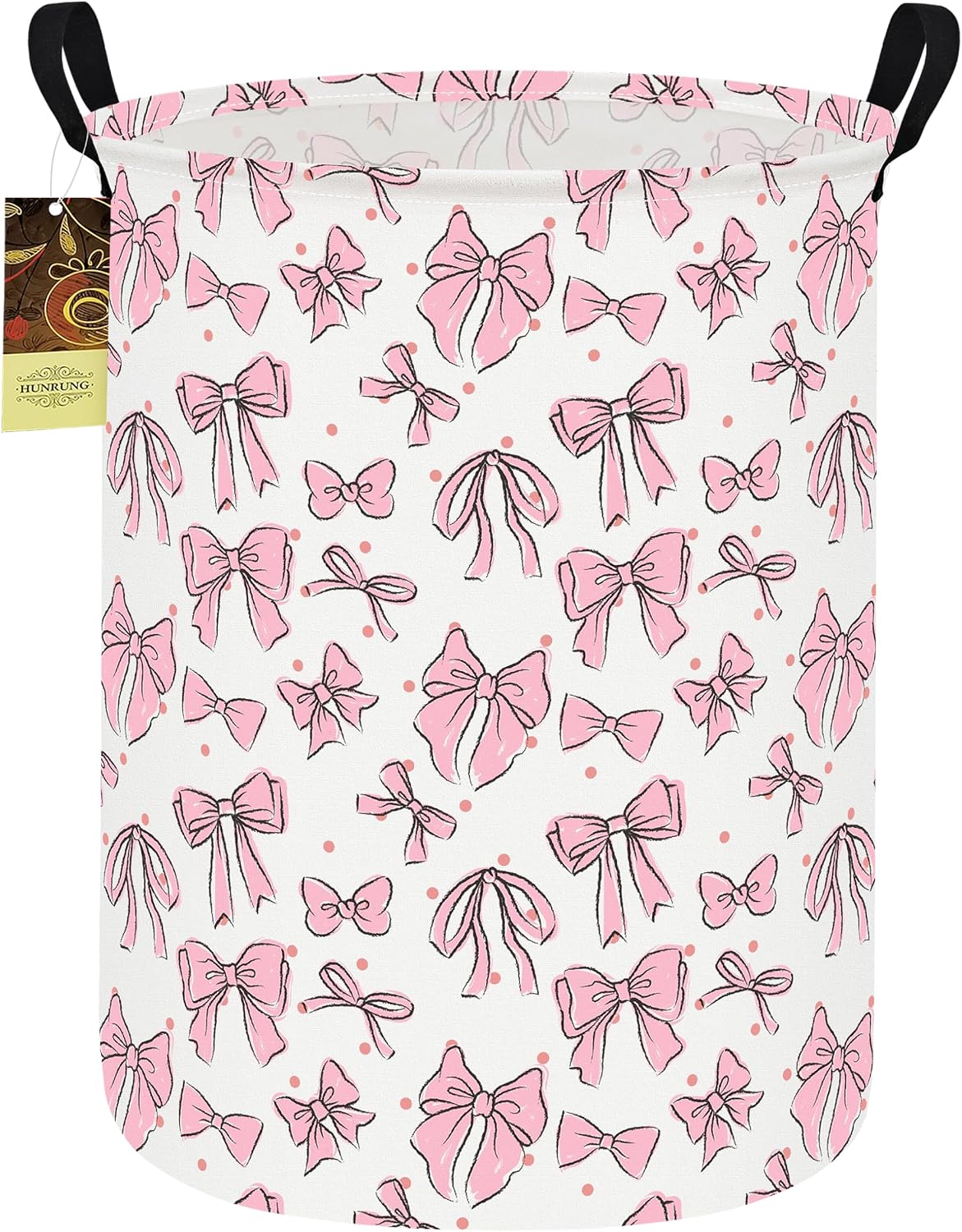 Round Fabric Collapsible Storage Basket with Handles, Pink Bow