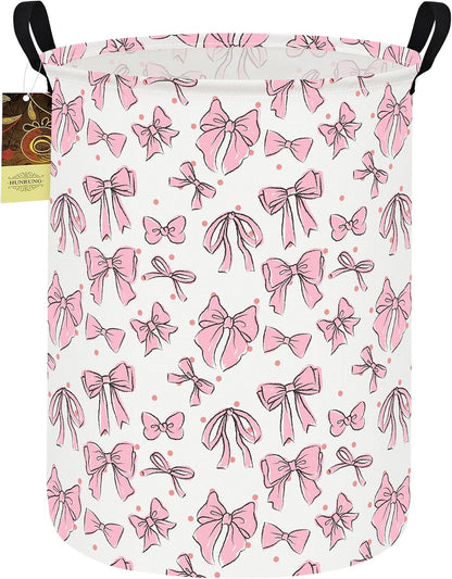 Round Fabric Collapsible Storage Basket with Handles, Pink Bow