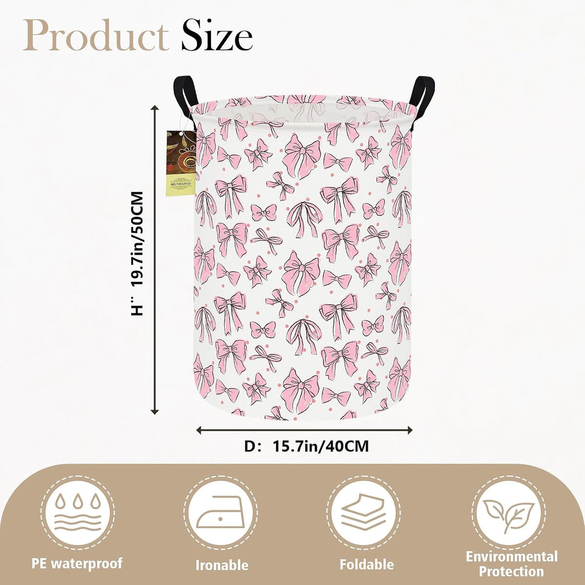 Round Fabric Collapsible Storage Basket with Handles, Pink Bow