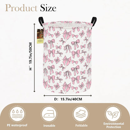 Round Fabric Collapsible Storage Basket with Handles, Pink Bow