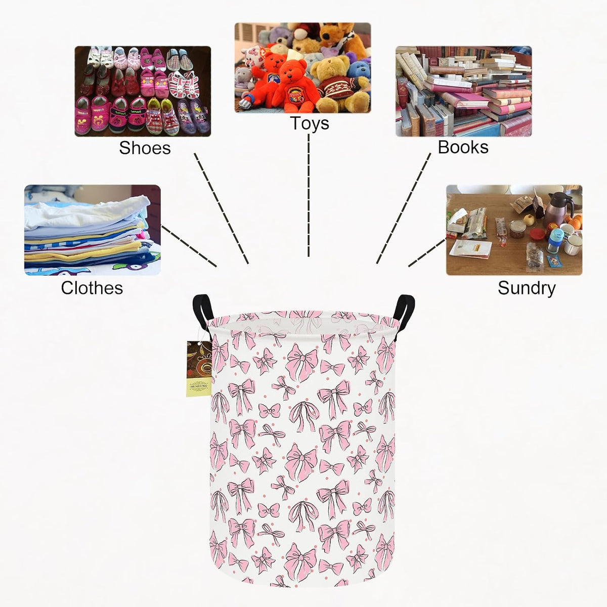Round Fabric Collapsible Storage Basket with Handles, Pink Bow