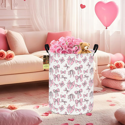 Round Fabric Collapsible Storage Basket with Handles, Pink Bow