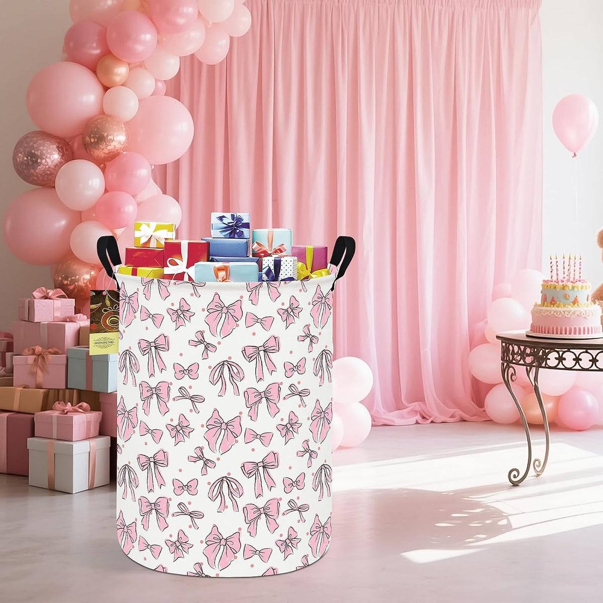 Round Fabric Collapsible Storage Basket with Handles, Pink Bow