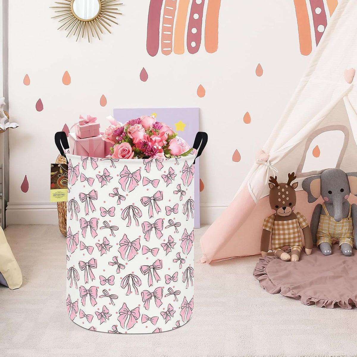 Round Fabric Collapsible Storage Basket with Handles, Pink Bow