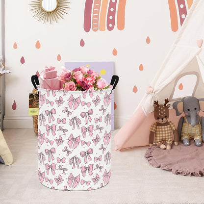 Round Fabric Collapsible Storage Basket with Handles, Pink Bow