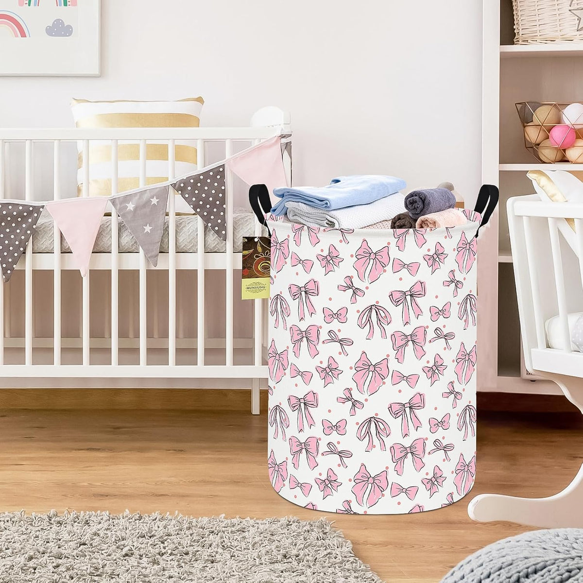 Round Fabric Collapsible Storage Basket with Handles, Pink Bow