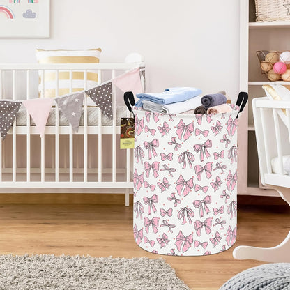 Round Fabric Collapsible Storage Basket with Handles, Pink Bow