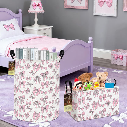 Round Fabric Collapsible Storage Basket with Handles, Pink Bow