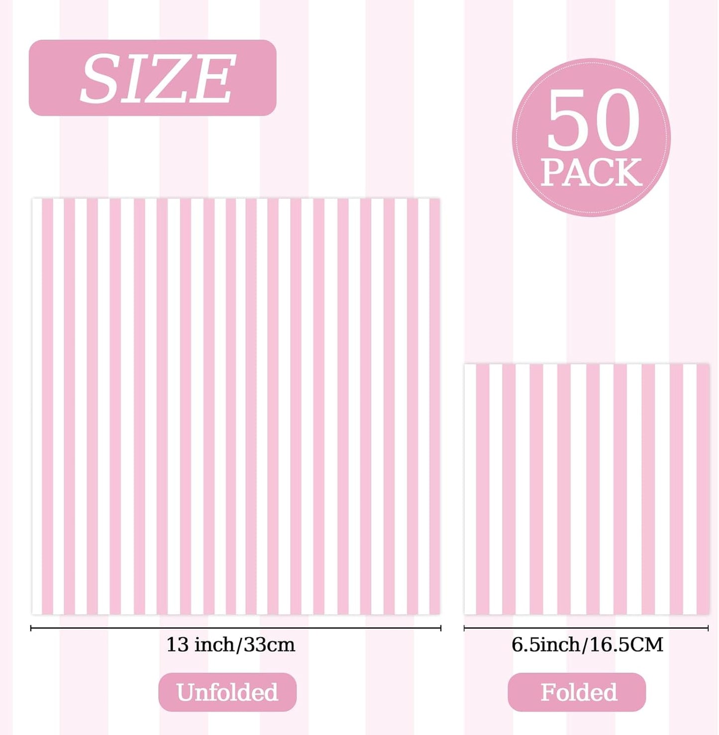 50PCS Pink and White Striped Paper Napkins, Light Pink Dinner Napkin Disposable Beverage Dessert Luncheon Napkins for Birthday Bridal & Baby Shower Wedding Party Supplies